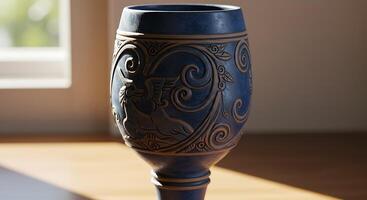 A vase with a design on it sitting on a table photo