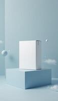 White box mockup on blue background with clouds 3d rendering photo