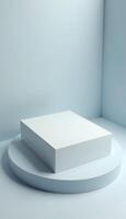 3d render of a white box on a round table photo