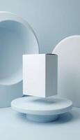 3D white product box on round pedestal with abstract background photo