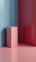 A pink box sitting on a red and blue wall photo