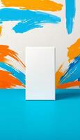 A white box on a blue table with a colorful background photo