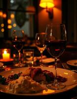 A dinner table with a plate of food and two glasses of wine photo