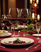 A table set with wine glasses and plates photo