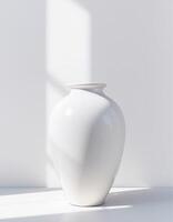 A white vase sitting on a table in front of a window photo