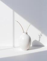A white vase with a branch in front of a window photo