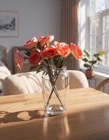 A vase of roses sitting on a table in front of a window photo