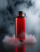 Red plastic bottle with smoke and fog on black background photo