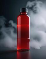 A red liquid bottle with smoke coming out of it photo