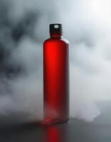 Red plastic bottle with smoke coming out of it photo