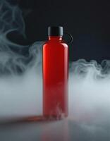 A red plastic water bottle with smoke coming out of it photo