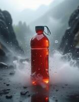 A red bottle of water on the ground with water splashing photo