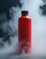 Red plastic bottle with smoke on black background photo
