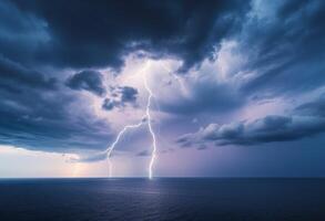 Lightning storm over the ocean with clouds and dark clouds photo
