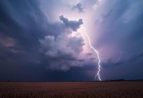 A lightning bolt strikes through the clouds in a field photo