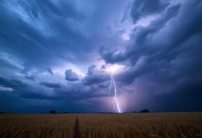 A lightning bolt strikes through the sky over a field photo
