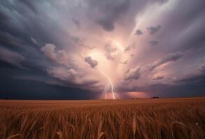 A lightning bolt strikes through a cloud over a field photo