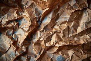 Textured crumpled kraft paper surface close-up. photo