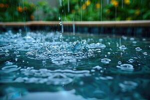 Close-up view of rain splashing into a pool of water. photo