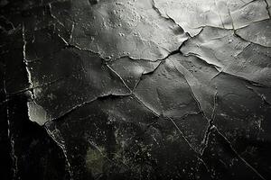 Dark, cracked surface texture of a weathered material. photo