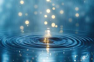 Water droplets creating ripples on a dark blue surface. photo