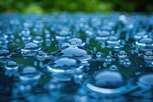 Close-up view of numerous water droplets on a surface. photo