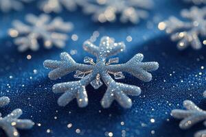 Sparkling snowflake cluster on a dark blue surface. photo