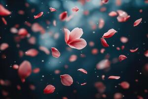 Delicate pink flower petals floating in the air. photo