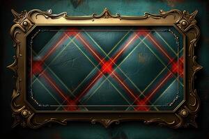 Ornate gold frame showcasing a teal and red tartan design. photo