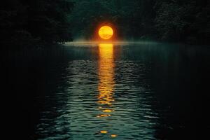 A large, orange orb floats over a tranquil river. photo