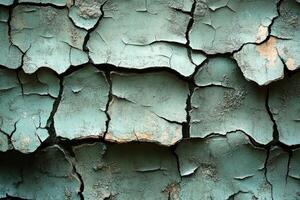 Close-up view of weathered, cracked teal paint. photo