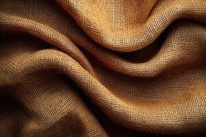 Detailed close-up view of a textured natural burlap fabric. photo