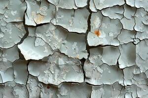 Close-up view of cracked and weathered light gray paint. photo