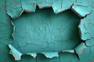 Teal painted surface with a torn-out hole. photo