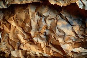 Close-up view of crumpled, textured brown paper. photo