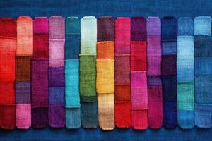 Colorful knitted swatches arranged in a spectrum. photo