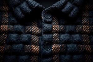 Close-up view of a dark plaid button-down jacket. photo