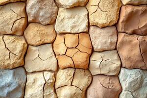 Close-up view of a textured stone wall with various shades of earth tones. photo
