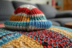 Close-up view of a colorful knitted beanie on a textured patchwork. photo