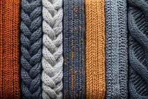 Vertical stack of various knitted fabrics in autumnal colors. photo