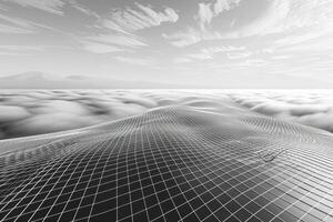 Abstract grayscale image of a gridded landscape above clouds. photo