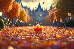 Autumnal pathway, vibrant foliage and falling leaves. photo