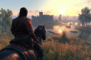 Medieval figure on horseback approaches a fortified castle at dawn. photo