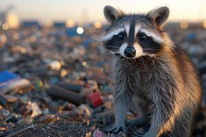 Close-up view of a raccoon amidst discarded waste. photo