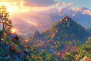 Majestic mountain vista showcasing a picturesque village nestled within the foothills. photo