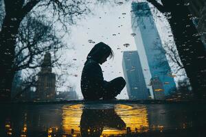 Silhouette of child reflecting in puddle, urban setting. photo