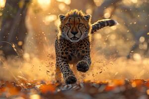 Golden light cheetah running through savanna. photo