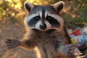 Close-up view of a playful raccoon reaching out. photo