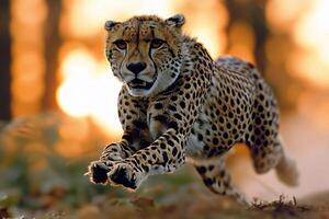 Fast cheetah in motion against a sunset backdrop. photo