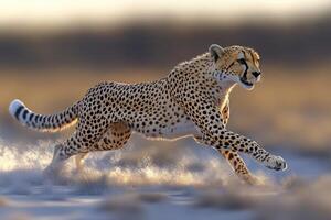 A fast cheetah running across the savanna at sunrise. photo